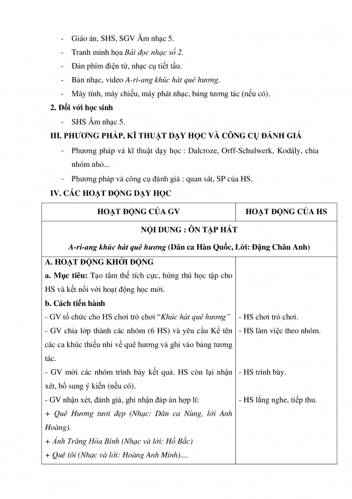 Giáo án và PPT Âm nhạc 5 chân trời Tiết 2: Ôn tập hát A-ri-ang khúc hát quê hương. Đọc nhạc Bài đọc nhạc số 2