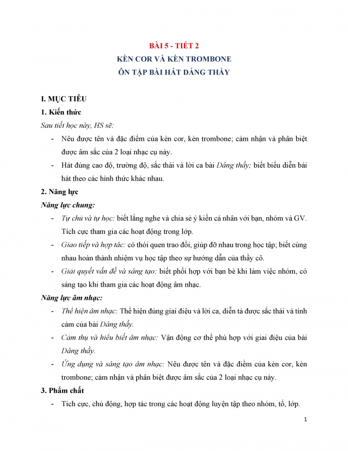 Giáo án và PPT Âm nhạc 9 cánh diều Bài 5 Tiết 2: Kèn cor và kèn trombone, Ôn tập bài hát Dáng thầy