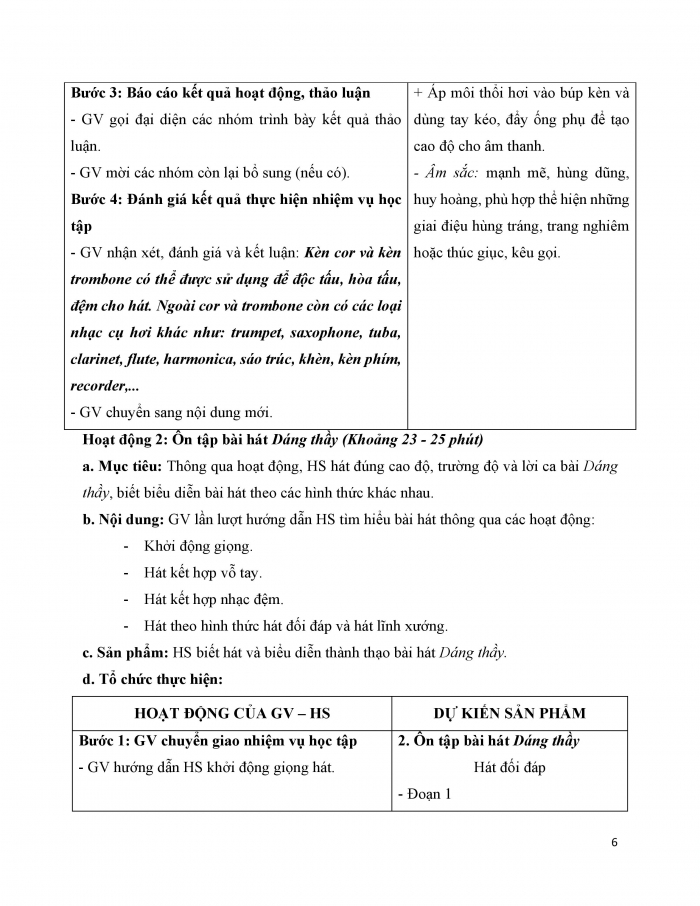 Giáo án và PPT Âm nhạc 9 cánh diều Bài 5 Tiết 2: Kèn cor và kèn trombone, Ôn tập bài hát Dáng thầy