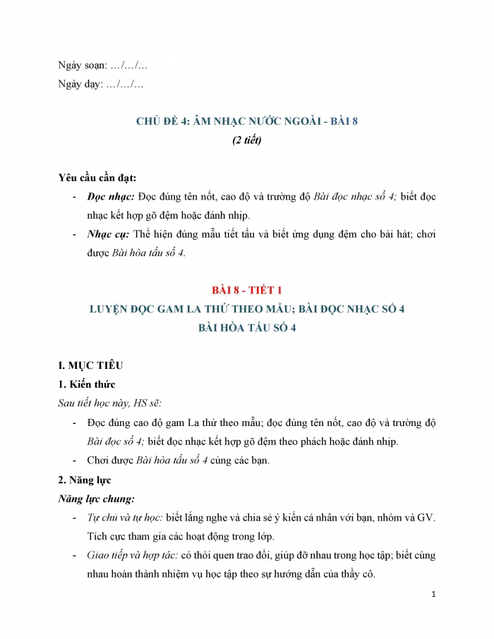 Giáo án và PPT Âm nhạc 9 cánh diều Bài 8 Tiết 1: Luyện đọc gam La thứ theo mẫu, Bài đọc nhạc số 4, Bài hoà tấu số 4