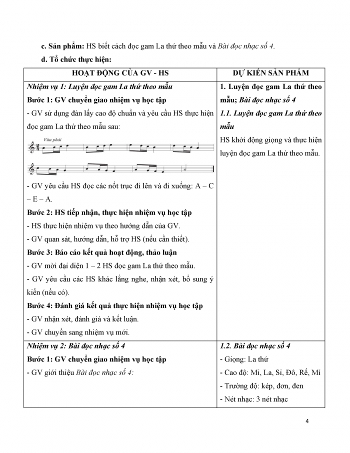 Giáo án và PPT Âm nhạc 9 cánh diều Bài 8 Tiết 1: Luyện đọc gam La thứ theo mẫu, Bài đọc nhạc số 4, Bài hoà tấu số 4