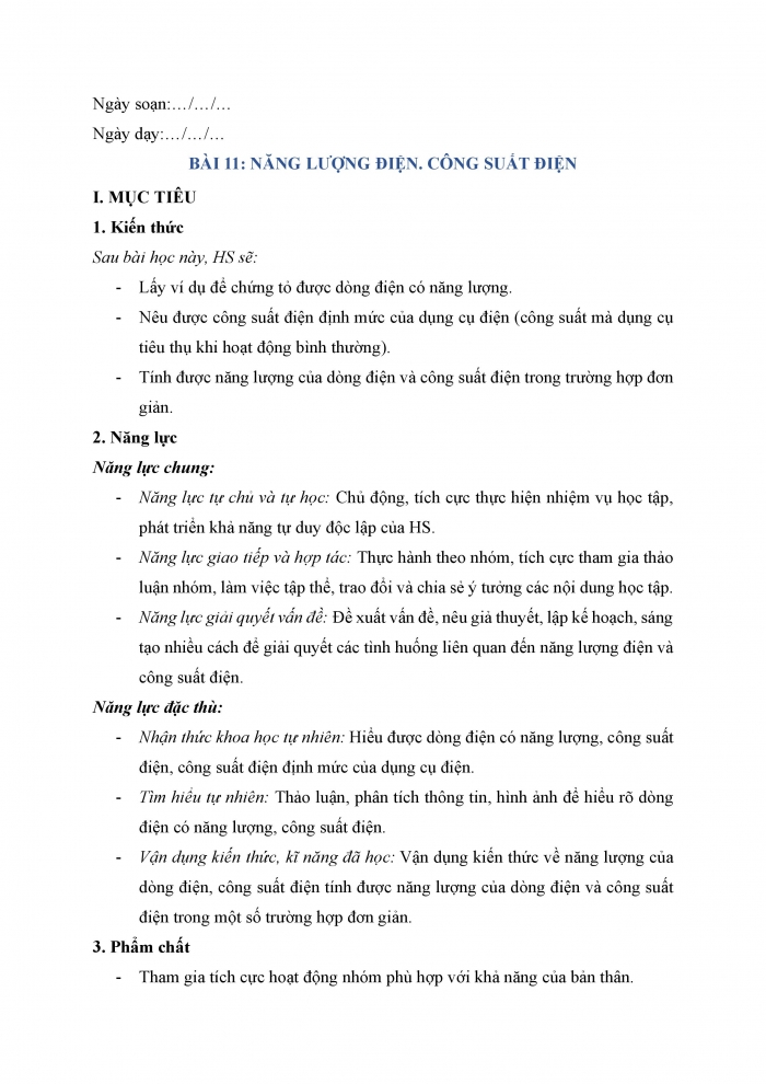 Giáo án và PPT KHTN 9 chân trời bài 11: Năng lượng điện. Công suất điện