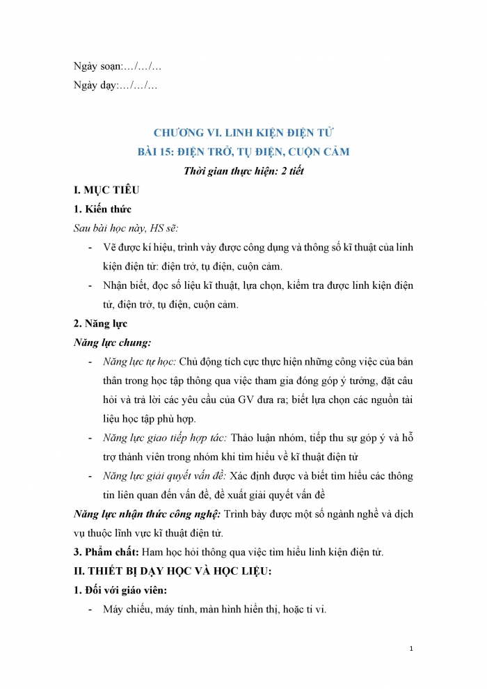 Giáo án và PPT công nghệ 12 điện - điện tử Kết nối bài 15: Điện trở, tụ điện và cuộn cảm