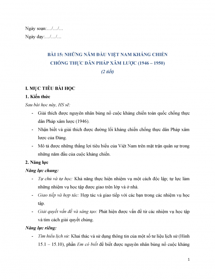 Giáo án và PPT Lịch sử 9 chân trời bài 15: Những năm đầu Việt Nam kháng chiến chống thực dân Pháp xâm lược (1946 - 1950)