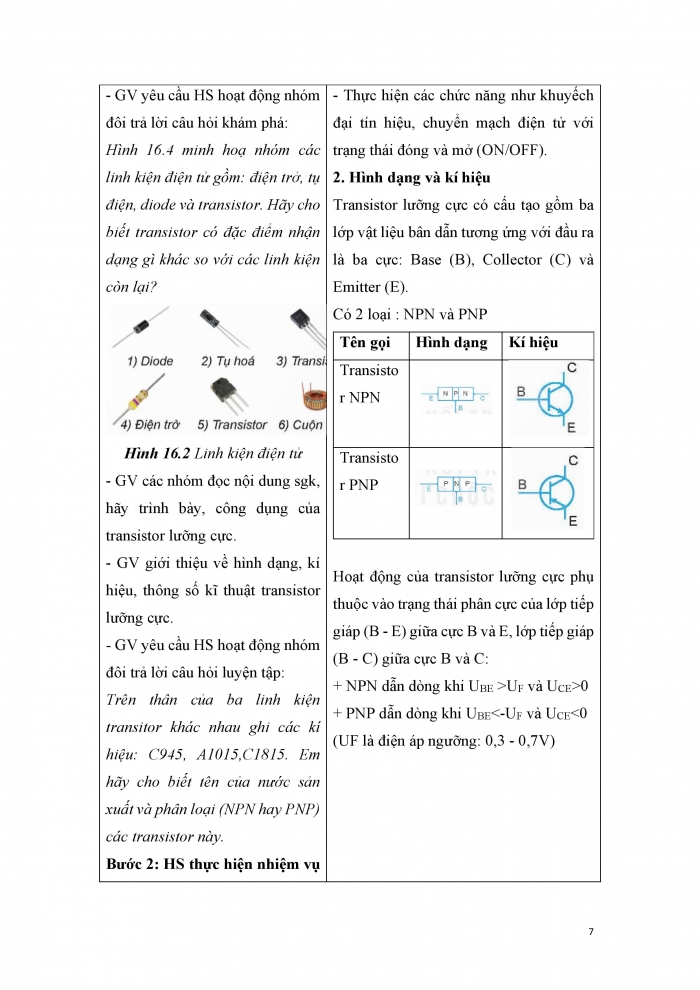 Giáo án và PPT công nghệ 12 điện - điện tử Kết nối bài 16: Diode, transistor và mạch tích hợp IC