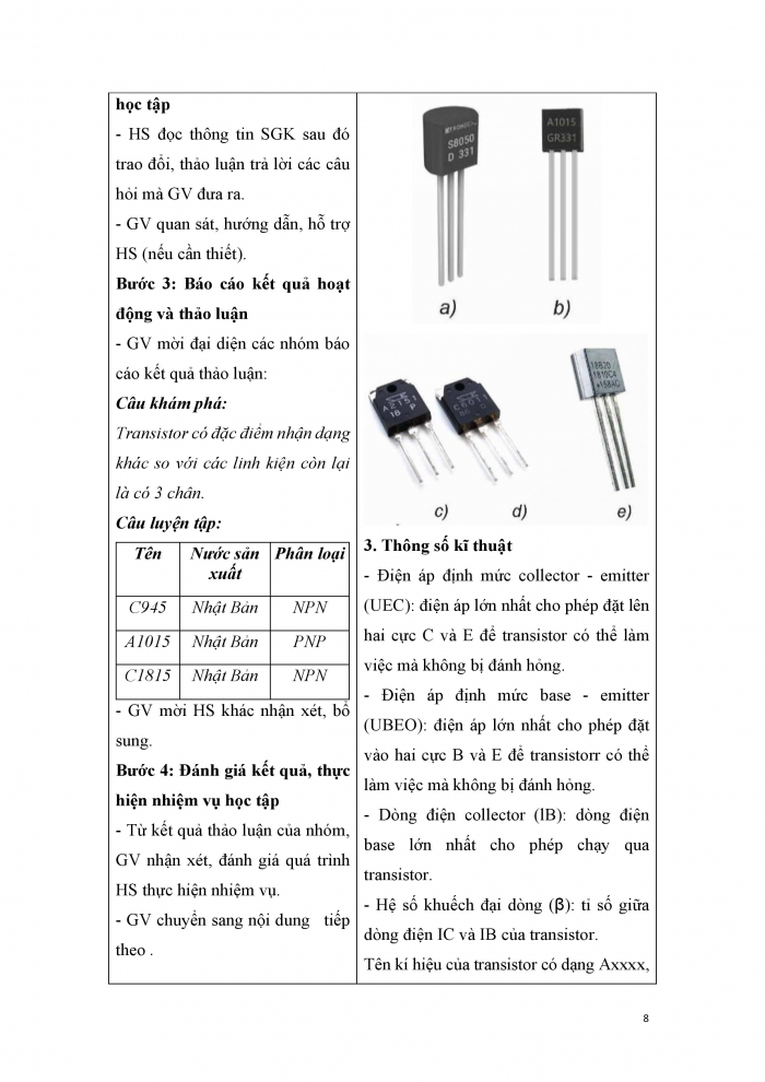 Giáo án và PPT công nghệ 12 điện - điện tử Kết nối bài 16: Diode, transistor và mạch tích hợp IC