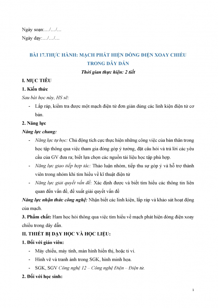 Giáo án và PPT công nghệ 12 điện - điện tử Kết nối bài 17: Thực hành Mạch phát hiện dòng điện xoay chiều trong dây dẫn