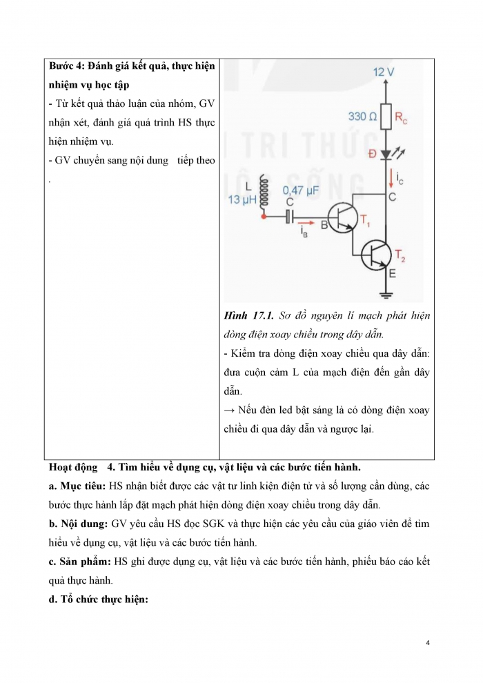 Giáo án và PPT công nghệ 12 điện - điện tử Kết nối bài 17: Thực hành Mạch phát hiện dòng điện xoay chiều trong dây dẫn