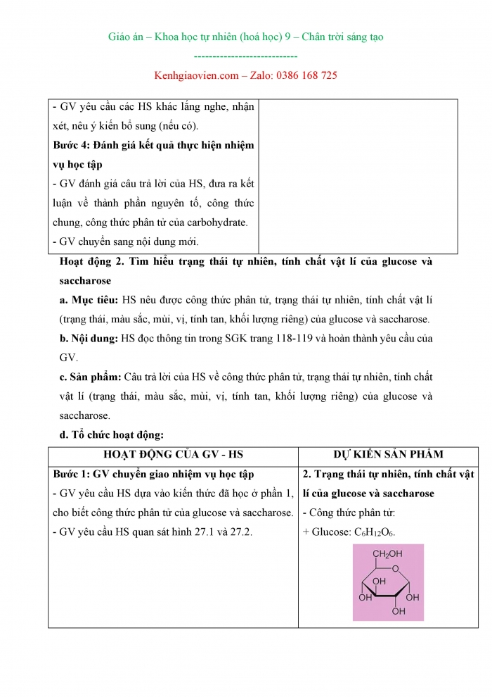 Giáo án và PPT KHTN 9 chân trời Bài 27: Glucose và saccharose