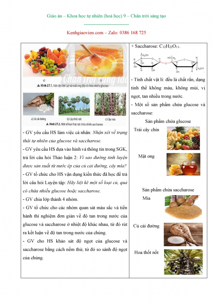 Giáo án và PPT KHTN 9 chân trời Bài 27: Glucose và saccharose