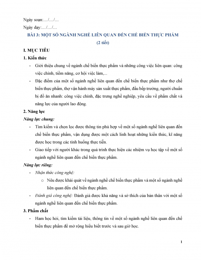 Giáo án và PPT Công nghệ 9 Chế biến thực phẩm Kết nối Bài 3: Một số ngành nghề liên quan đến chế biến thực phẩm