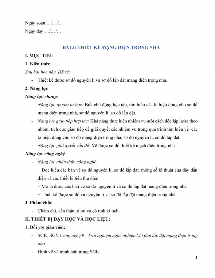 Giáo án và PPT Công nghệ 9 Lắp đặt mạng điện trong nhà Kết nối Bài 3: Thiết kế mạng điện trong nhà