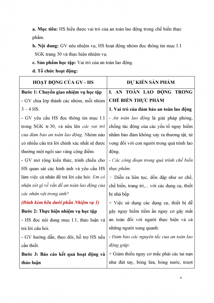 Giáo án và PPT Công nghệ 9 Chế biến thực phẩm Kết nối Bài 4: An toàn lao động và an toàn vệ sinh thực phẩm