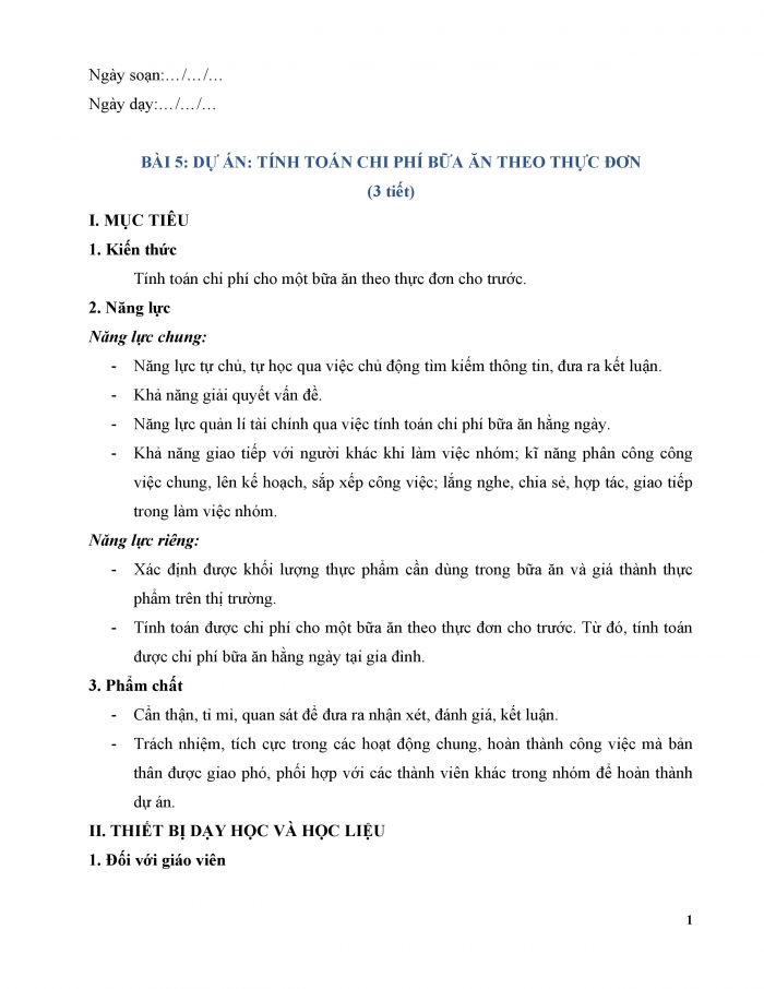 Giáo án và PPT Công nghệ 9 Chế biến thực phẩm Kết nối Bài 5: Dự án Tính toán chi phí bữa ăn theo thực đơn