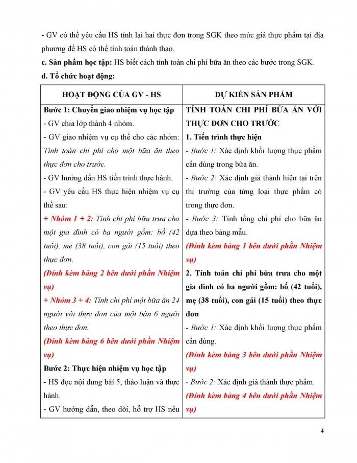 Giáo án và PPT Công nghệ 9 Chế biến thực phẩm Kết nối Bài 5: Dự án Tính toán chi phí bữa ăn theo thực đơn