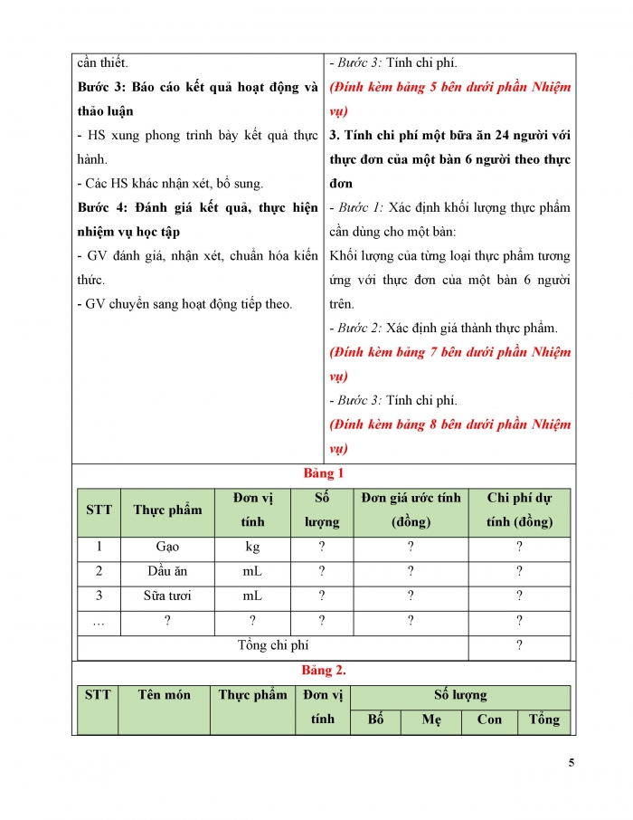 Giáo án và PPT Công nghệ 9 Chế biến thực phẩm Kết nối Bài 5: Dự án Tính toán chi phí bữa ăn theo thực đơn