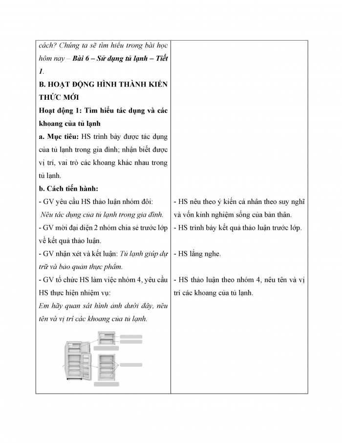 Giáo án và PPT Công nghệ 5 chân trời Bài 6: Sử dụng tủ lạnh