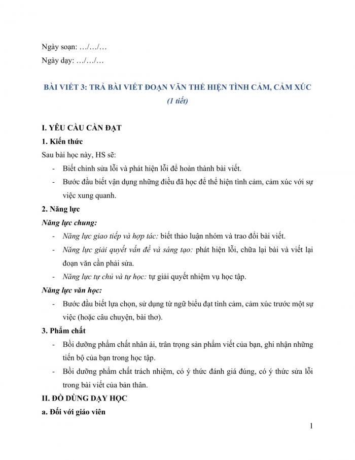 Giáo án và PPT Tiếng Việt 5 cánh diều Bài 7: Trả bài viết đoạn văn thể hiện tình cảm, cảm xúc