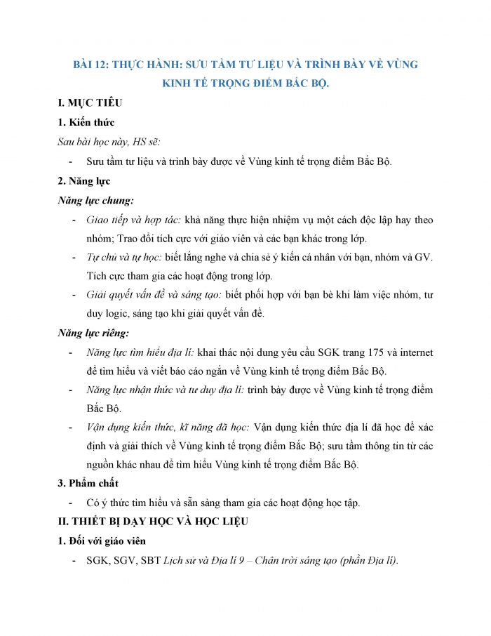 Giáo án và PPT Địa lí 9 chân trời bài 12: Thực hành Sưu tầm tư liệu và trình bày về vùng kinh tế trọng điểm Bắc Bộ