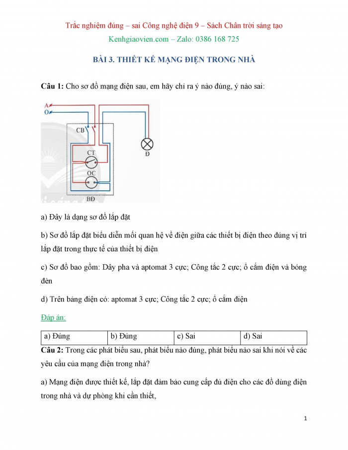 Trắc nghiệm đúng sai Công nghệ 9 Lắp đặt mạng điện trong nhà Chân trời sáng tạo