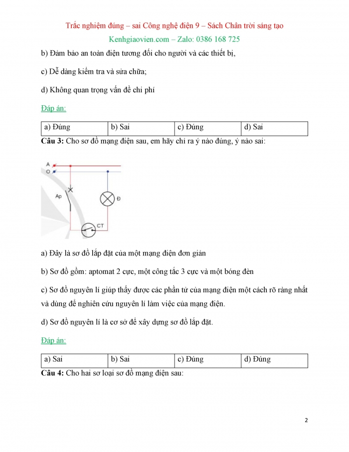 Trắc nghiệm đúng sai Công nghệ 9 Lắp đặt mạng điện trong nhà Chân trời sáng tạo