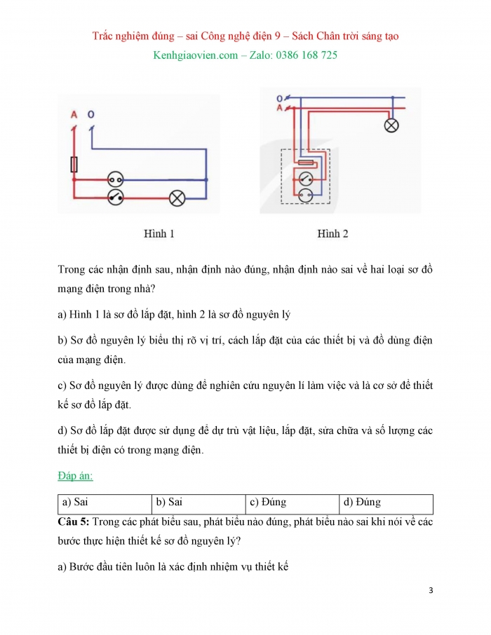 Trắc nghiệm đúng sai Công nghệ 9 Lắp đặt mạng điện trong nhà Chân trời sáng tạo