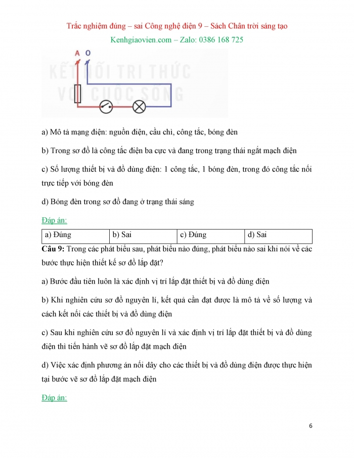 Trắc nghiệm đúng sai Công nghệ 9 Lắp đặt mạng điện trong nhà Chân trời sáng tạo