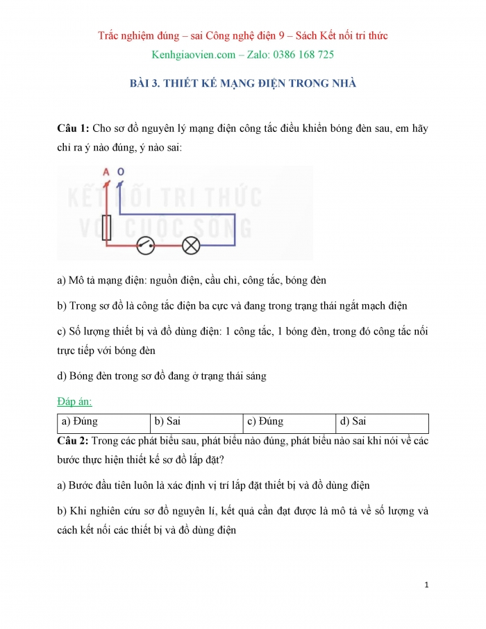 Trắc nghiệm đúng sai Công nghệ 9 Lắp đặt mạng điện trong nhà Kết nối tri thức