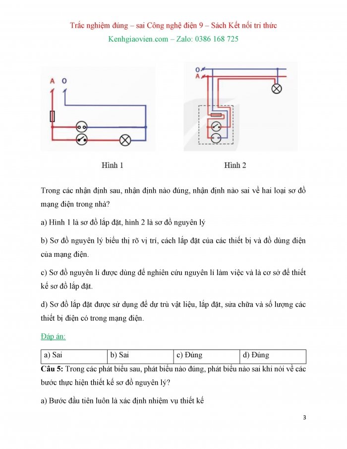 Trắc nghiệm đúng sai Công nghệ 9 Lắp đặt mạng điện trong nhà Kết nối tri thức