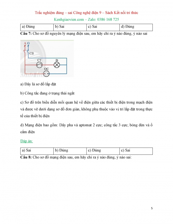 Trắc nghiệm đúng sai Công nghệ 9 Lắp đặt mạng điện trong nhà Kết nối tri thức