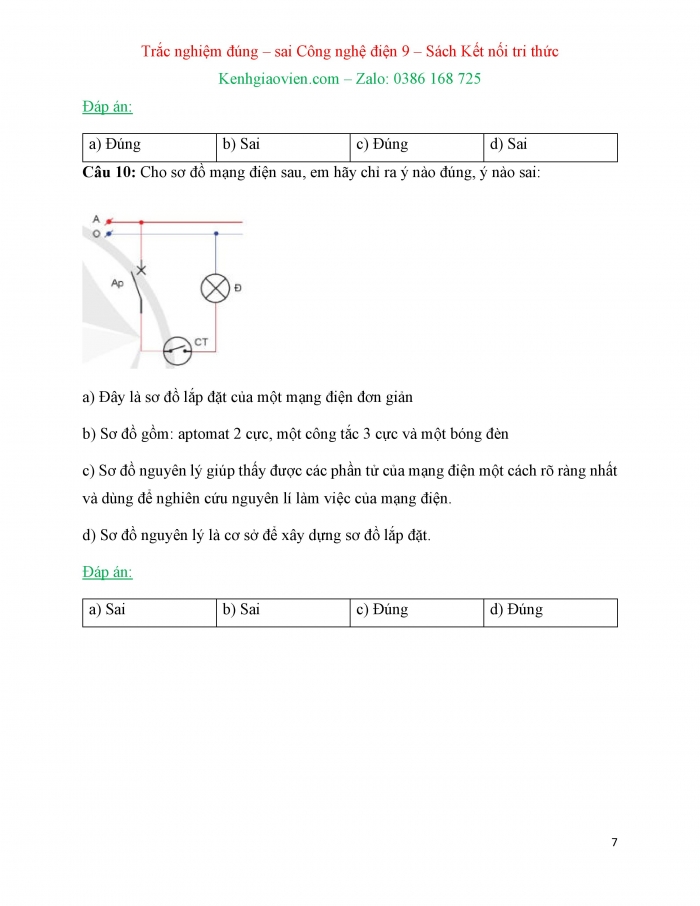 Trắc nghiệm đúng sai Công nghệ 9 Lắp đặt mạng điện trong nhà Kết nối tri thức