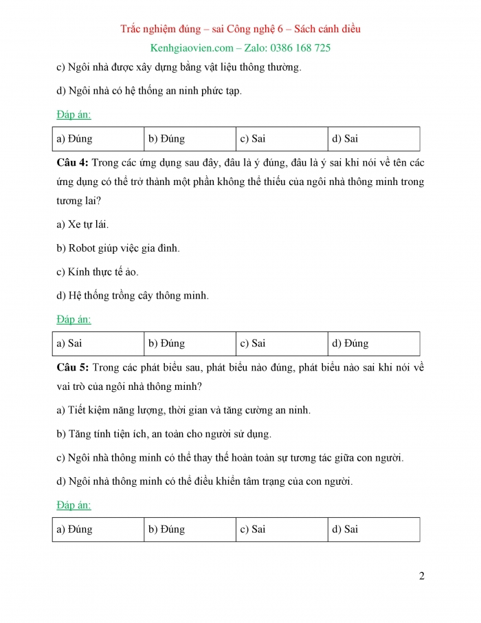 Trắc nghiệm đúng sai Công nghệ 6 cánh diều