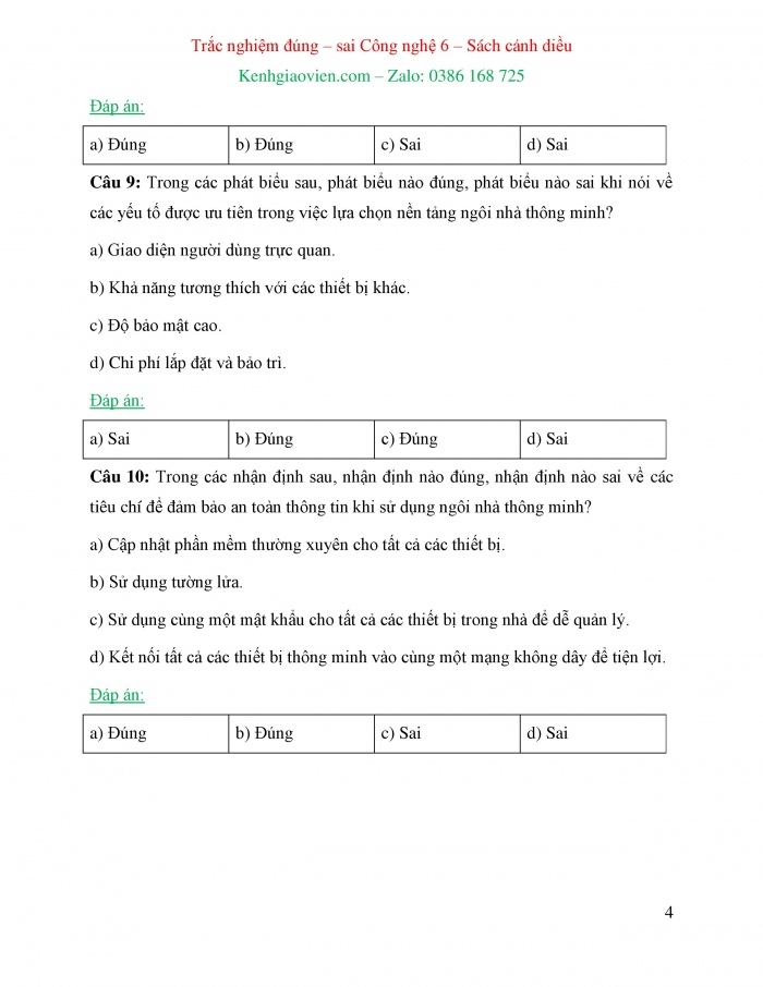 Trắc nghiệm đúng sai Công nghệ 6 cánh diều