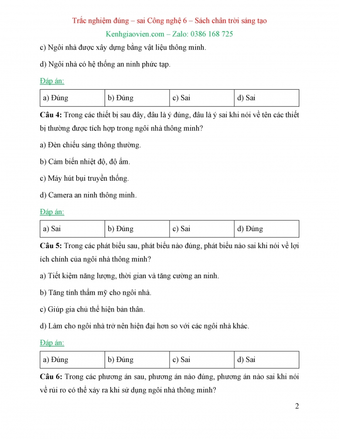 Trắc nghiệm đúng sai Công nghệ 6 chân trời sáng tạo