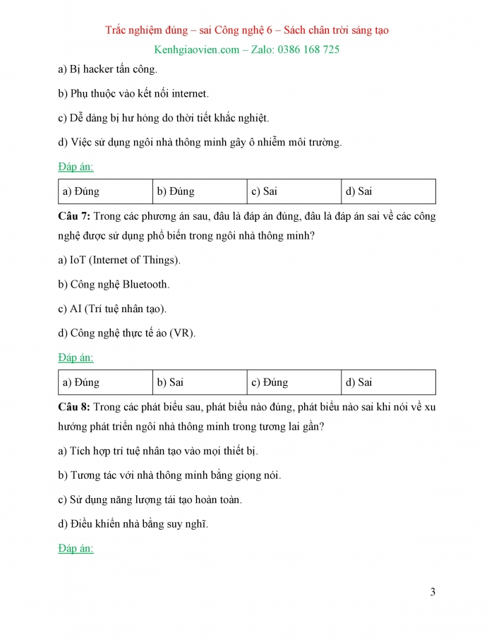 Trắc nghiệm đúng sai Công nghệ 6 chân trời sáng tạo