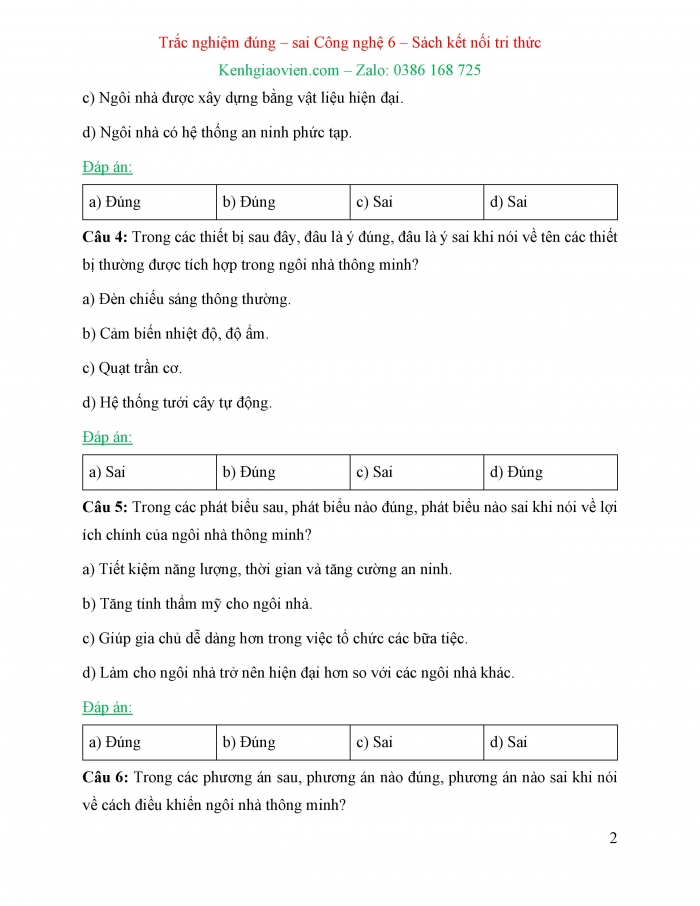 Trắc nghiệm đúng sai Công nghệ 6 kết nối tri thức