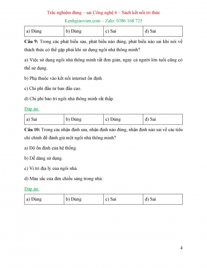 Trắc nghiệm đúng sai Công nghệ 6 kết nối tri thức