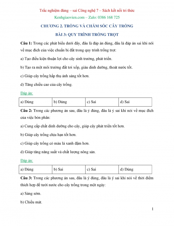 Trắc nghiệm đúng sai Công nghệ 7 chân trời sáng tạo