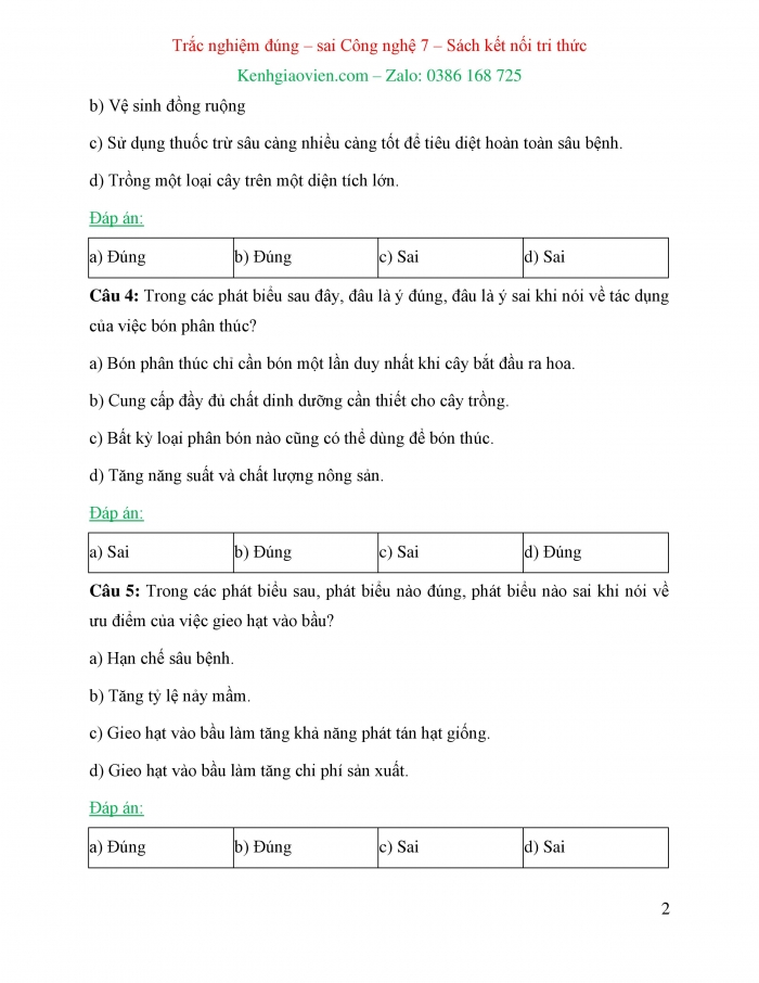 Trắc nghiệm đúng sai Công nghệ 7 kết nối tri thức