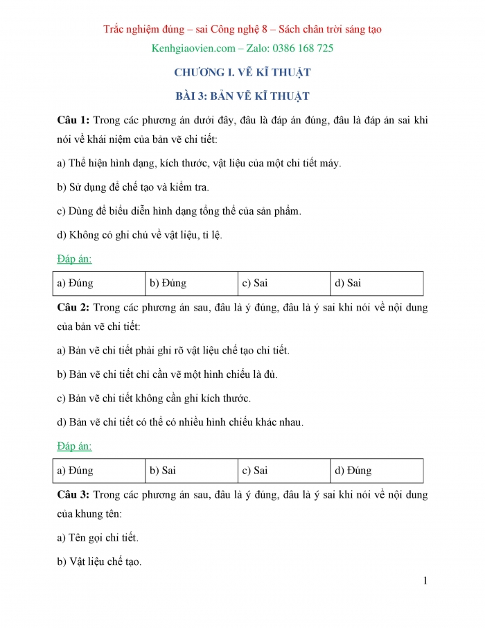 Trắc nghiệm đúng sai Công nghệ 8 chân trời sáng tạo