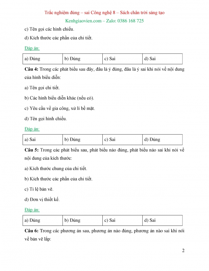 Trắc nghiệm đúng sai Công nghệ 8 chân trời sáng tạo