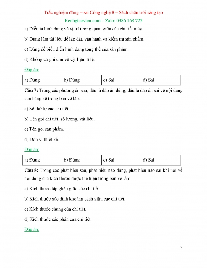 Trắc nghiệm đúng sai Công nghệ 8 chân trời sáng tạo