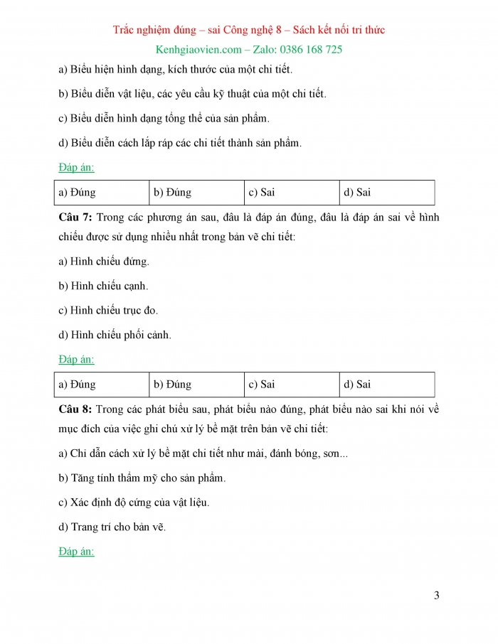 Trắc nghiệm đúng sai Công nghệ 8 kết nối tri thức