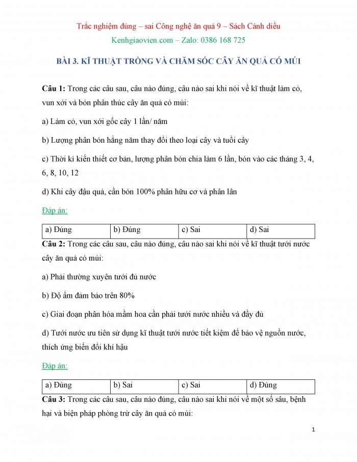 Trắc nghiệm đúng sai Công nghệ 9 Trồng cây ăn quả Cánh diều