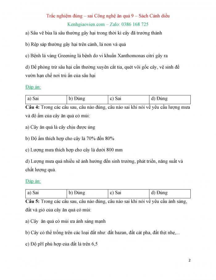 Trắc nghiệm đúng sai Công nghệ 9 Trồng cây ăn quả Cánh diều