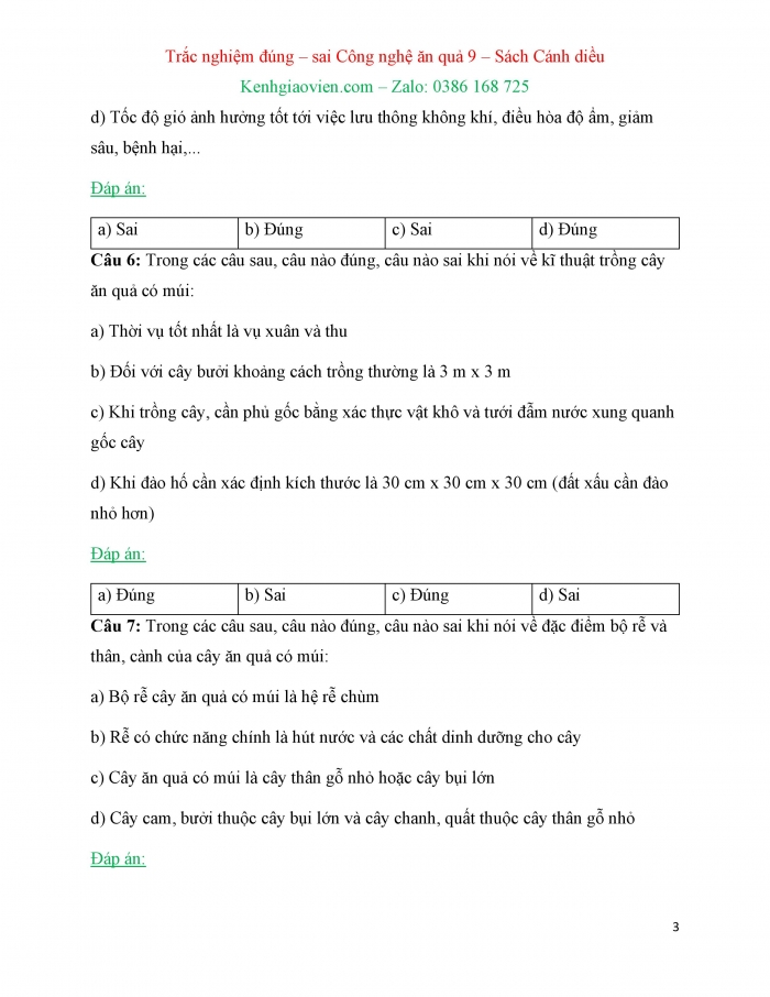 Trắc nghiệm đúng sai Công nghệ 9 Trồng cây ăn quả Cánh diều