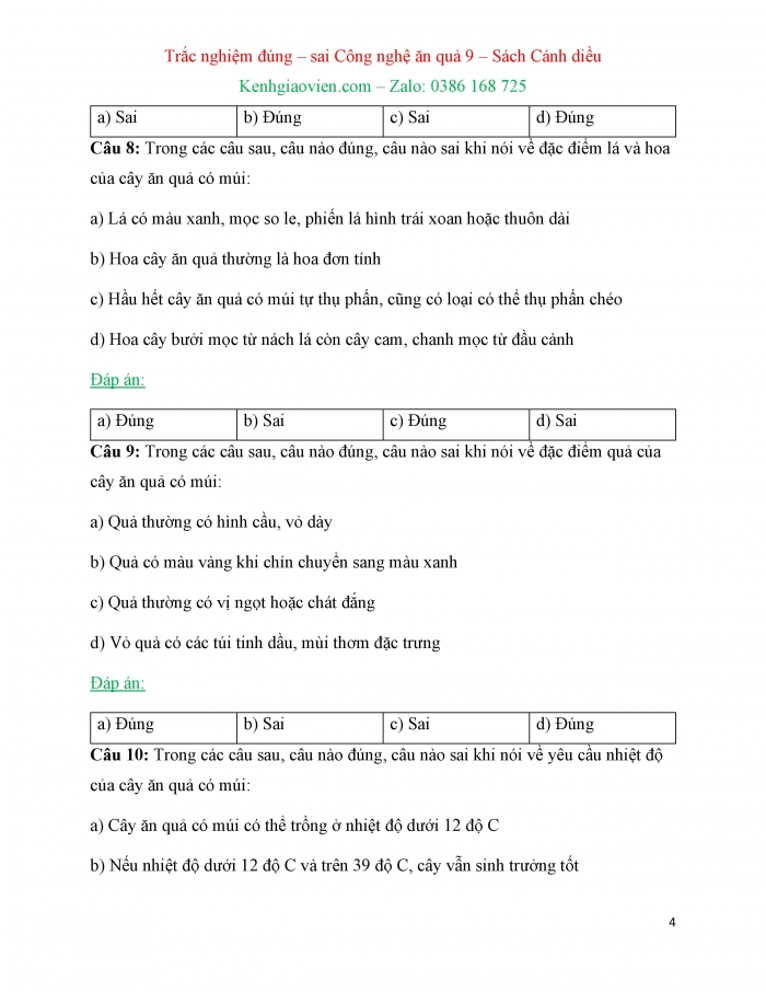 Trắc nghiệm đúng sai Công nghệ 9 Trồng cây ăn quả Cánh diều