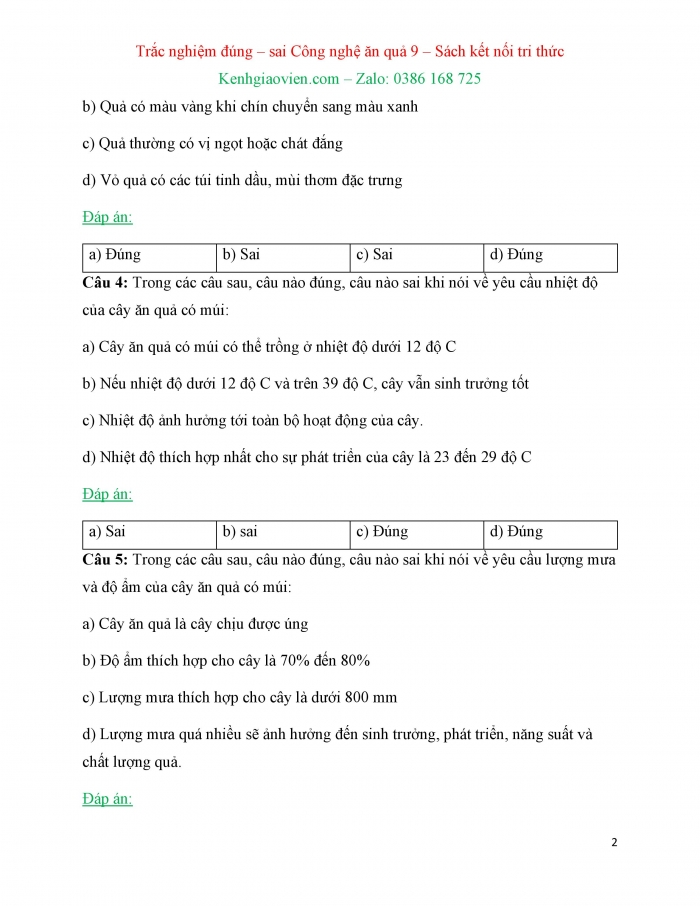 Trắc nghiệm đúng sai Công nghệ 9 Trồng cây ăn quả Kết nối tri thức