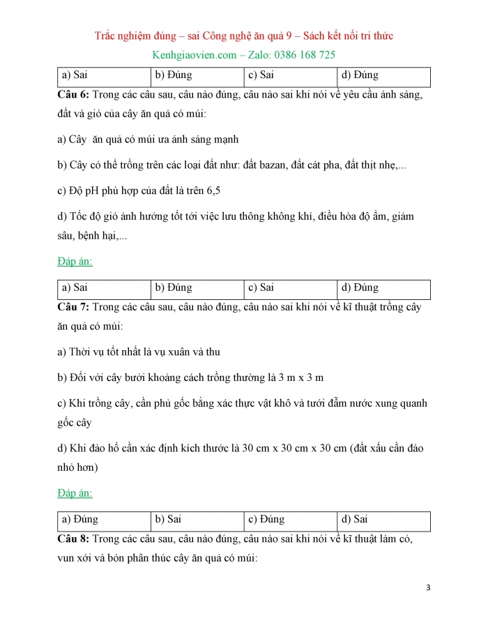 Trắc nghiệm đúng sai Công nghệ 9 Trồng cây ăn quả Kết nối tri thức