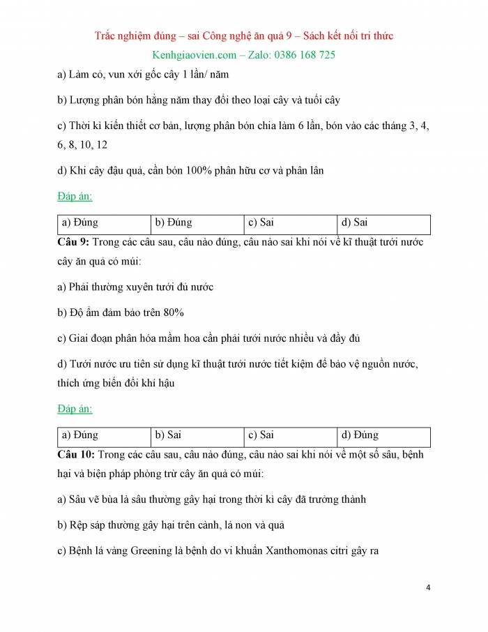 Trắc nghiệm đúng sai Công nghệ 9 Trồng cây ăn quả Kết nối tri thức